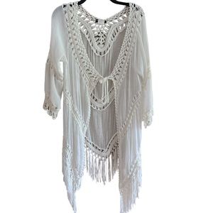 Boho Vivid Importers Women’s Boho vest crochet with fringe or coverup white s…